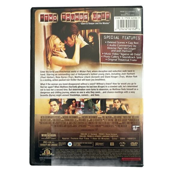 Wicker Park DVD Josh Hartnett Deleted scenes PG-13 2004 English, French Spanish - Picture 2 of 3